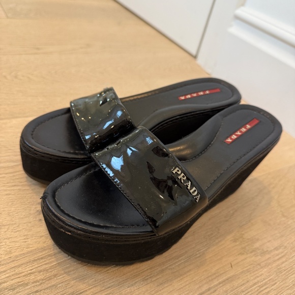 Prada Shoes - PRADA PLATFORM SLIDES, BLACK PATENT, 35.5
